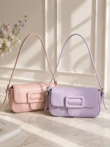 Stylish women's shoulder bag retro baguette purse elegant pink and purple handbag