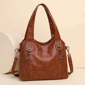 Classic brown oil-wax leather tote bag for women, versatile large capacity shoulder handbag.