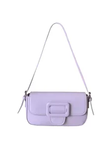 Lavender purple shoulder bag for women, chic baguette purse with large buckle design, PU leather.