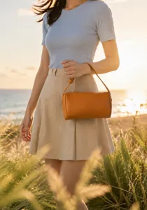 Minimalist brown leather cylindrical handbag for women, stylish minimalist fashion accessory detail.