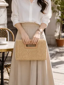 Women Straw Woven Clutch Bag Casual Vacation Crossbody Bag With Removable Chain Fashion Summer Handbag