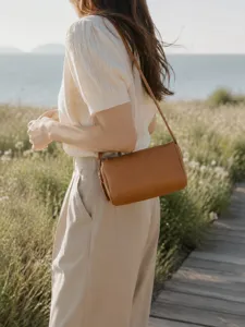 Minimalist brown leather cylindrical shoulder bag for women, chic crossbody style daily use.