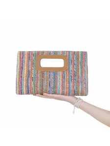 Colorful woven straw clutch bag for women summer vacation casual chic handbags with brown handle