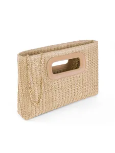 Women summer straw clutch bag with leather handle and detachable chain crossbody strap.