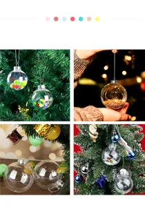 Nahaufnahme von klaren befüllbaren Christbaumkugeln aus Kunststoff an Tannenzweigen.