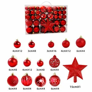 Weihnachtskugeln Set unzerbrechlich rote Christbaumkugeln mit Baumspitze und Box 34x12x23cm