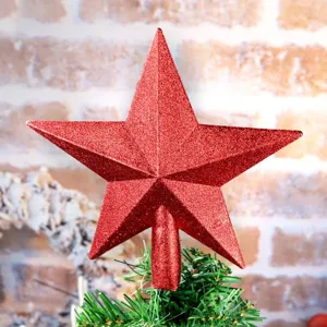 Roter Glitzer Stern Baumspitze für Weihnachtsbaum Dekoration, glänzender 3D Feiertagsstern.