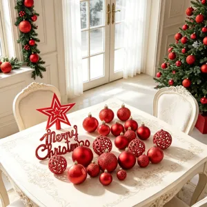 Rotes Weihnachtsbaumkugel Set mit Stern Baumspitze, hohlen Kugeln und tollem Schild.