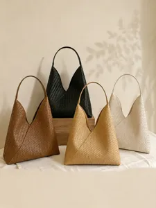 Woven leather shoulder bag set, chic large capacity hobo tote bag for women daily wear.