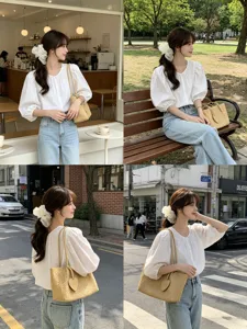 Korean style commuter woven straw tote bag for women, fashion shoulder basket bag detail.