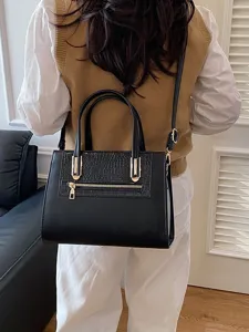 Black leather tote bag women casual shoulder crossbody bag with alligator pattern pocket