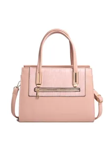 Elegant pink women handbag with crocodile texture panel, stylish top handle shoulder crossbody bag.