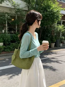 Korean style minimalist woven tote bag for women daily commute fashion shoulder handbag
