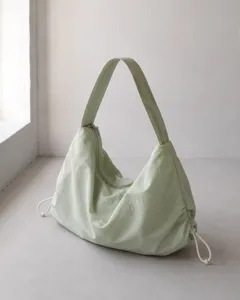 Minimalist light green nylon hobo shoulder bag, large capacity casual underarm tote.