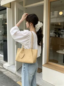 Women Casual PU Leather Woven Shoulder Tote Bag Commuter Handbag