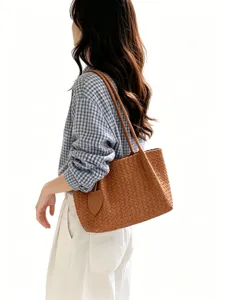 Korean style woven leather tote bag women commuter casual fashion shoulder bag 2026