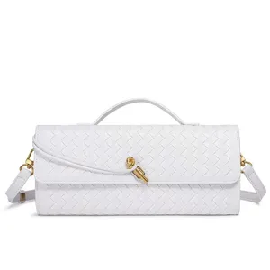White woven leather shoulder bag chic handbag trendy crossbody baguette bag for women fashion