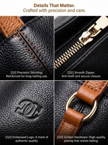 Close up view of luxury leather handbag featuring precision stitching and golden hardware.