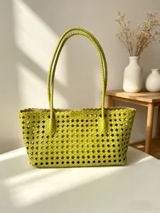 Women Woven Tote Bag PU Leather Large Capacity Casual Commuter Handbag Solid Color Lattice Shoulder Bag