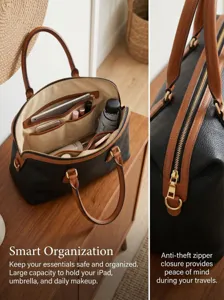 Black and brown leather handbag detail showing smart interior organization and anti-theft zipper.