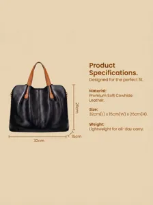 Detail view of the black and brown soft leather handbag, highlighting dimensions and material.