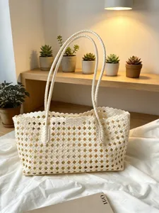 Chic woven shoulder tote bag for women, large capacity casual commuter handbag, stylish design.