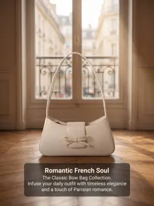 Detailed view of the elegant beige baguette shoulder bag with a charming bow detail.