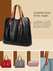 Detailed view of women's soft leather tote bag, stylish color block design for daily wear.