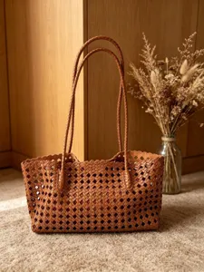 Elegant brown woven leather tote bag for women large capacity casual shoulder handbag