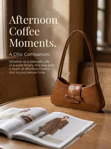 Minimalist brown PU leather baguette shoulder bag with chic bow detail for women commuter fashion.