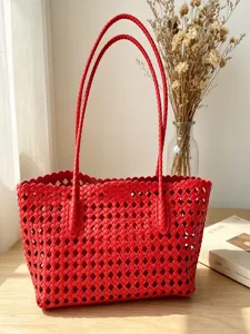 Red Woven Tote Bag for Women, Large Capacity Shoulder Bag, Casual Commuter Handbag
