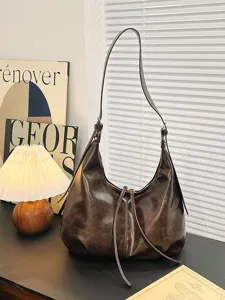 Bolso de hombro vintage marrón para mujer, bolso hobo retro de piel sintética desgastada.