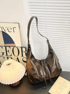 Bolso de hombro hobo marrón vintage efecto desgastado, bolso bandolera grande y suave estilo casual.