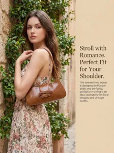 Chic brown patent leather baguette shoulder bag detail, perfect for vintage and casual outfits.