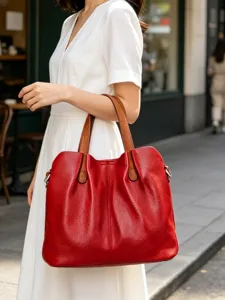 Women large soft leather tote bag stylish color block shoulder handbag for daily use