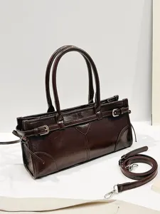 Chic dark brown leather top handle handbag stylish versatile shoulder crossbody bag daily
