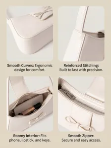 Minimalist white baguette shoulder bag with bow detail, chic commuter handbag for women.