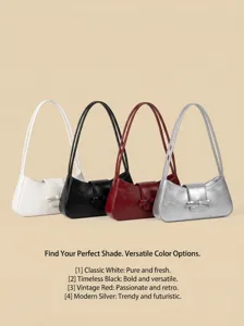 Minimalist bow shoulder bag detail showing four chic color options in classic fashion style.