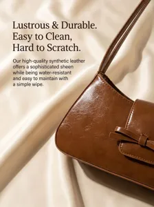 Detail view of the brown synthetic leather shoulder baguette bag showing its texture and bow.