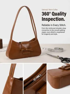 Minimalist brown PU leather shoulder baguette bag for women, featuring chic bowknot detail.