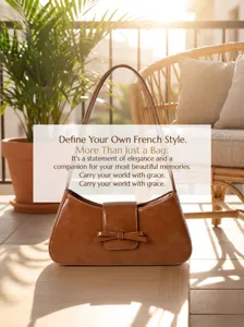 Chic brown leather baguette shoulder bag with minimalist bow, stylish minimalist underarm purse.