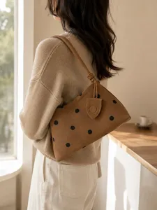 Korean style chic brown polka dot underarm shoulder bag soft casual fashion handbag