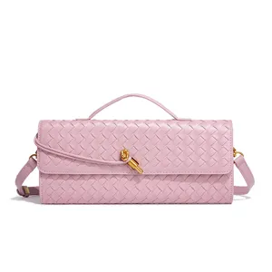 Pink woven leather shoulder bag chic top handle baguette fashion casual crossbody bag style