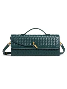 Dark green woven leather shoulder bag elegant intrecciato baguette handbag for stylish women