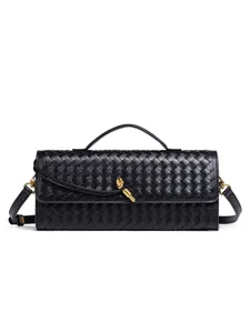 Black woven leather shoulder bag chic baguette crossbody handbag for women casual daily wear