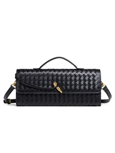Black woven leather shoulder bag with top handle and knot closure for women chic style.