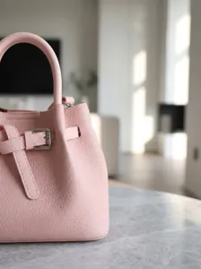 Pink leather handbag with top handle and chic metal buckle strap for daily commute.