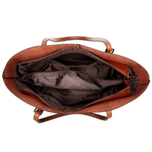 Brown PU leather tote bag interior compartments spacious shoulder handbag detailed view