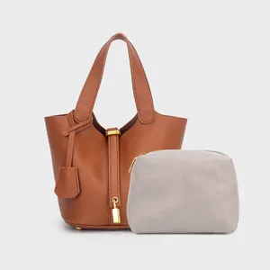 Stylish brown PU leather bucket bag with matching chevron cosmetic pouch, elegant daily handbag.
