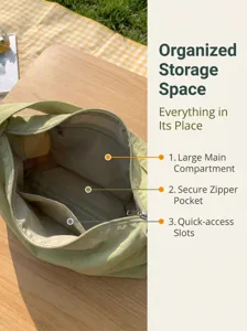 Nylon tote bag detail showing organized interior compartments, zipper pocket and storage slots.
